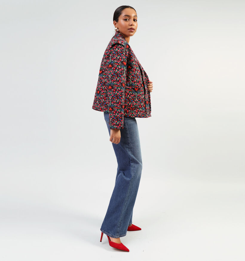 Pieces Saroline Zwarte Korte jas met rode bloemen voor dames (352464)