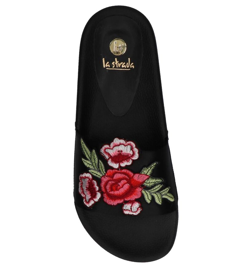 Zwarte Elegante Slippers met Bloemenprint La Strada in stof (218694)