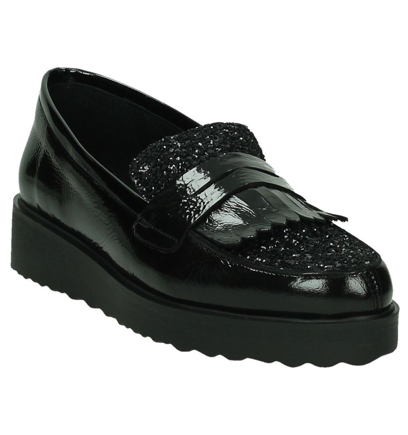 Hee Zwarte Lak Mocassin met Glitters en Kiltie in kunstleer (186708)