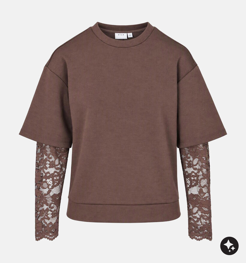 Vila Siffi Lace Donkerbruine T-shirt met Kanten Mouwen voor dames (382059)