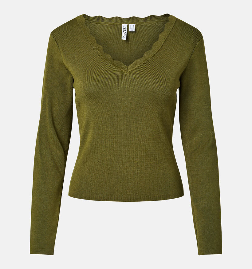 Pieces Celia Sphagnum Groene T-shirt met Lange Mouwen voor dames (382094)