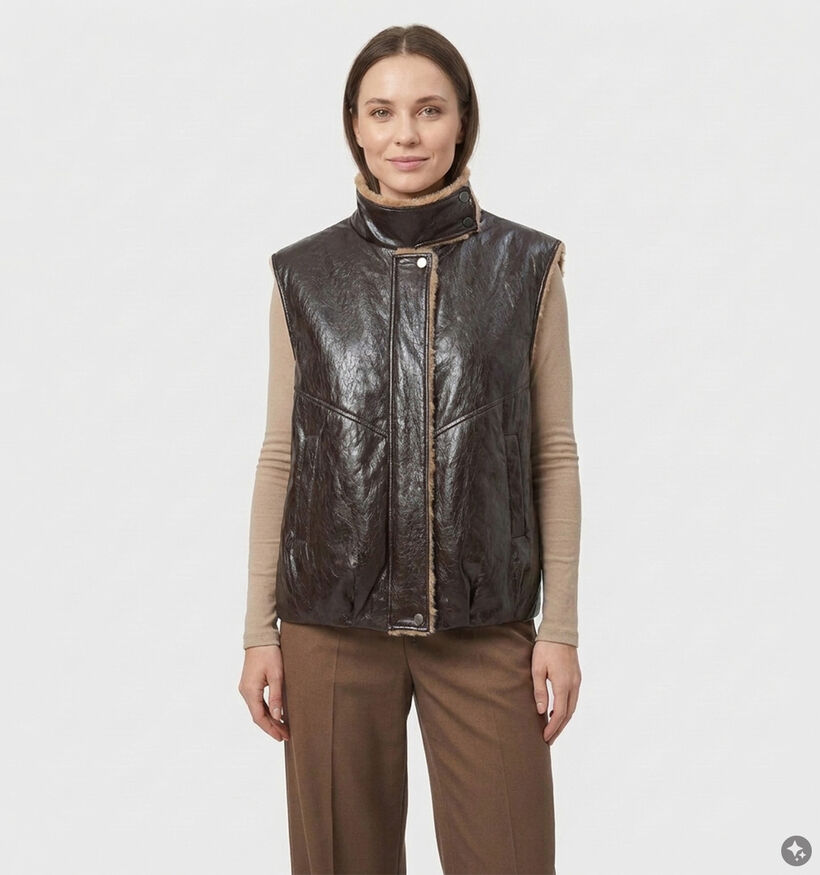 Ador&eacute; Gloria Bruine Mouwloze Jas Lederlook met Warme Voering voor dames (384089)