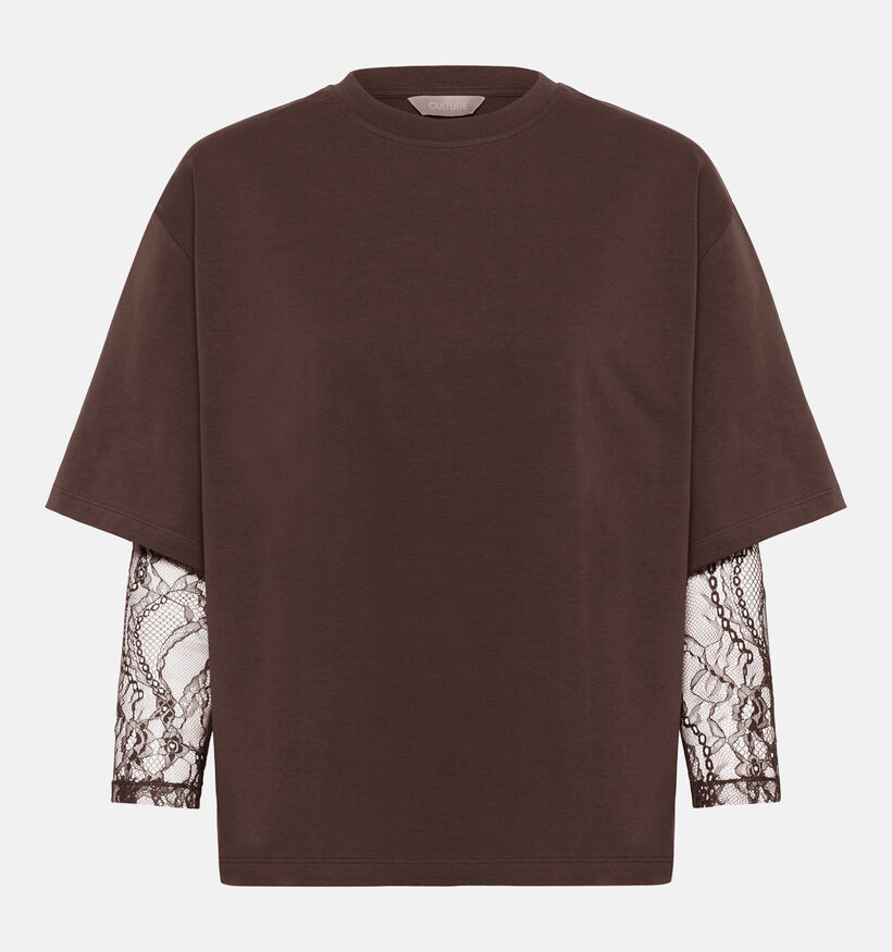 Culture Colum Donkerbruine T-shirt met Lange Mouwen van Kant voor dames (380495)