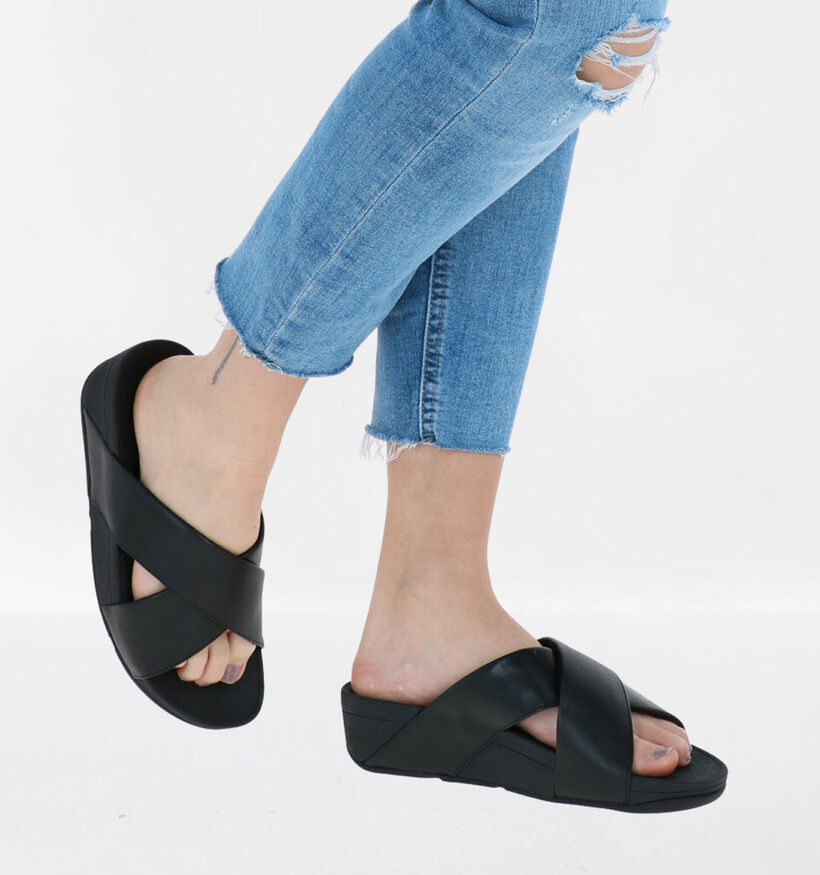 FitFlop Lulu Cross Slide Zwarte Slippers in leer (286705)