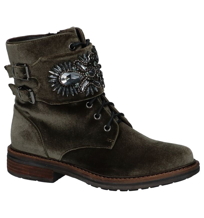 Alma en Pena Kaki Boots met Rits/Veter in velours (229926)