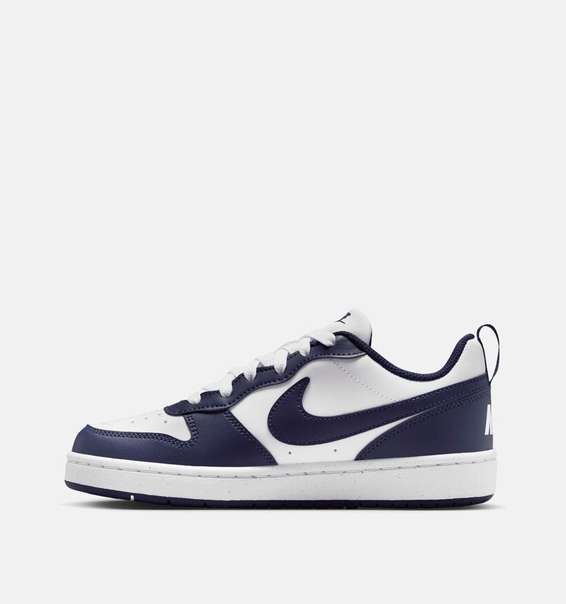 Nike Court Borough Low Baskets en Blanc/Bleu fonc&eacute; pour filles, gar&ccedil;ons (367268) - pour semelles orthop&eacute;diques
