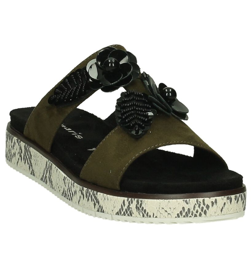 Slippers Tamaris Kaki met Bloemen en Slangenprint, , pdp