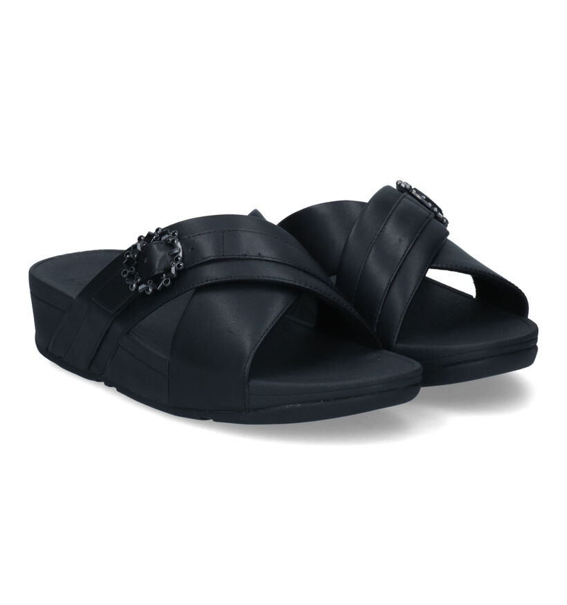 FitFlop Lulu Crystal Buckle Cross Slides Nu-pieds en Noir pour femmes (336983)