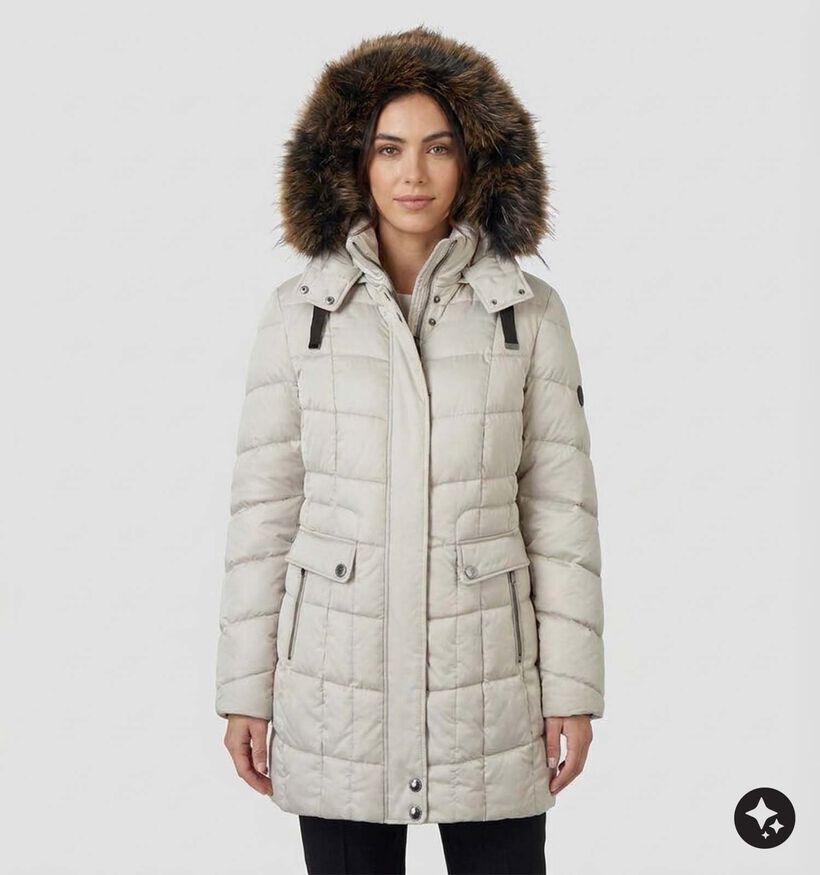 Barbara Lebek Ecru Lange Jas met Faux-fur Kap voor dames (380695)