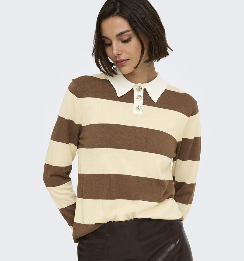 JDY Melany Pull Polo Ray&eacute; Beige/Brun pour femmes (378294)