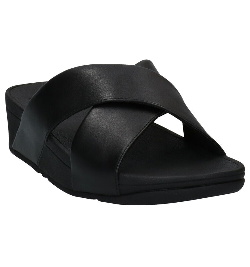 FitFlop Lulu Cross Slide Zwarte Slippers in leer (286705)