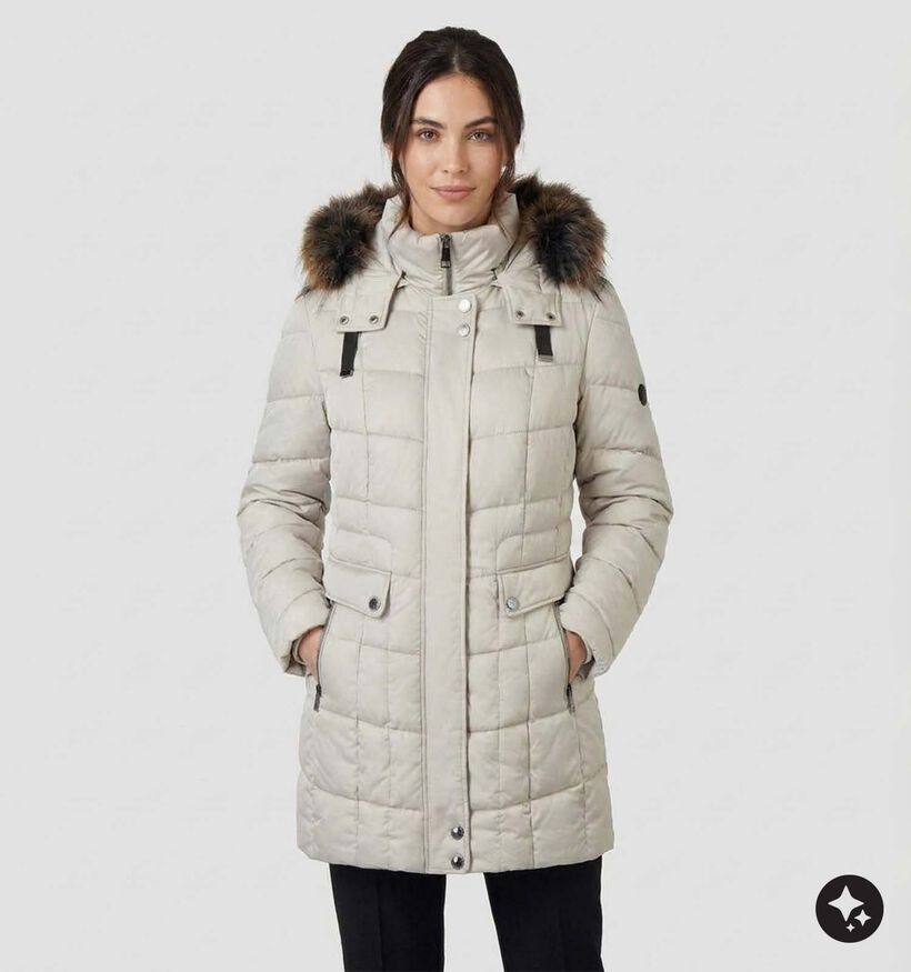 Barbara Lebek Ecru Lange Jas met Faux-fur Kap voor dames (380695)