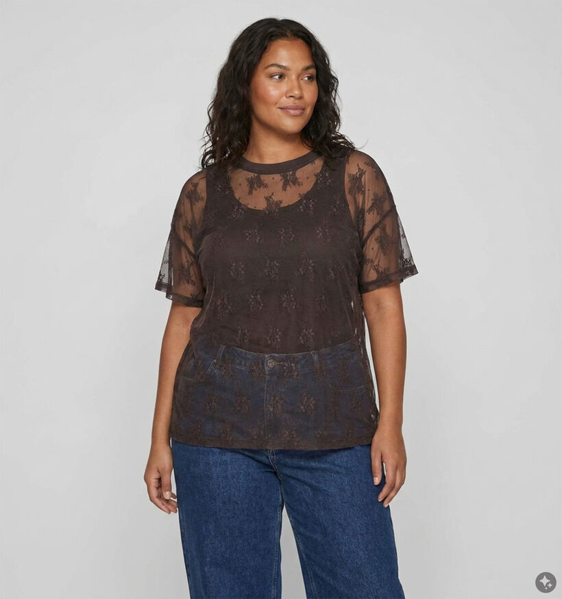 Vero Moda Curve Nikita Donkerbruine Mesh Blouse voor dames (382206)