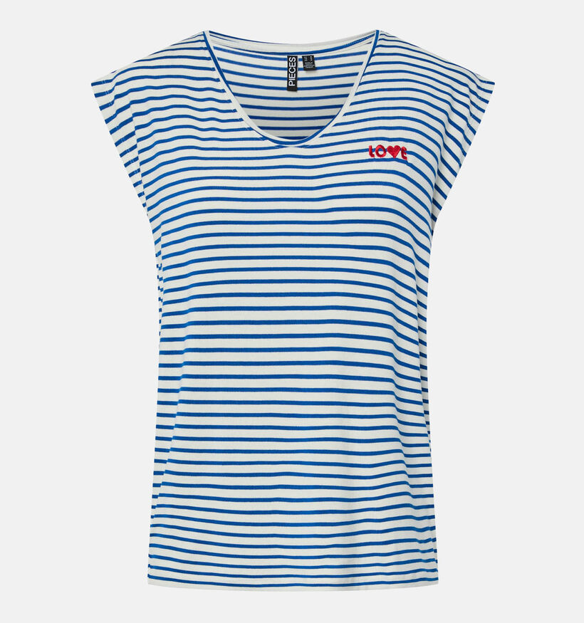 Pieces Billo Witte/Blauwe Gestreepte T-shirt voor dames (367075)