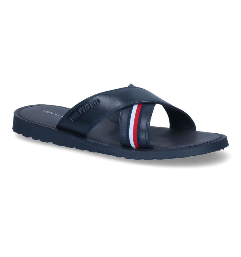 Tommy Hilfiger Criss Cross Blauwe Slippers in leer (304050)