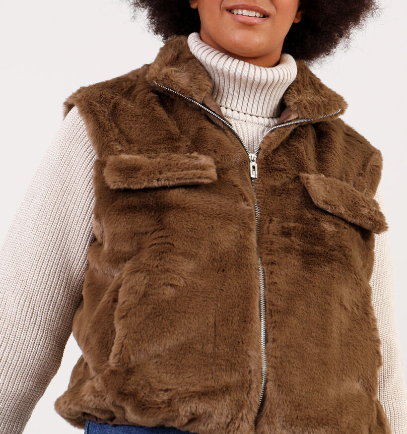 Dolce C. Veste duveteuse courte sans manches en Taupe pour femmes (350611)