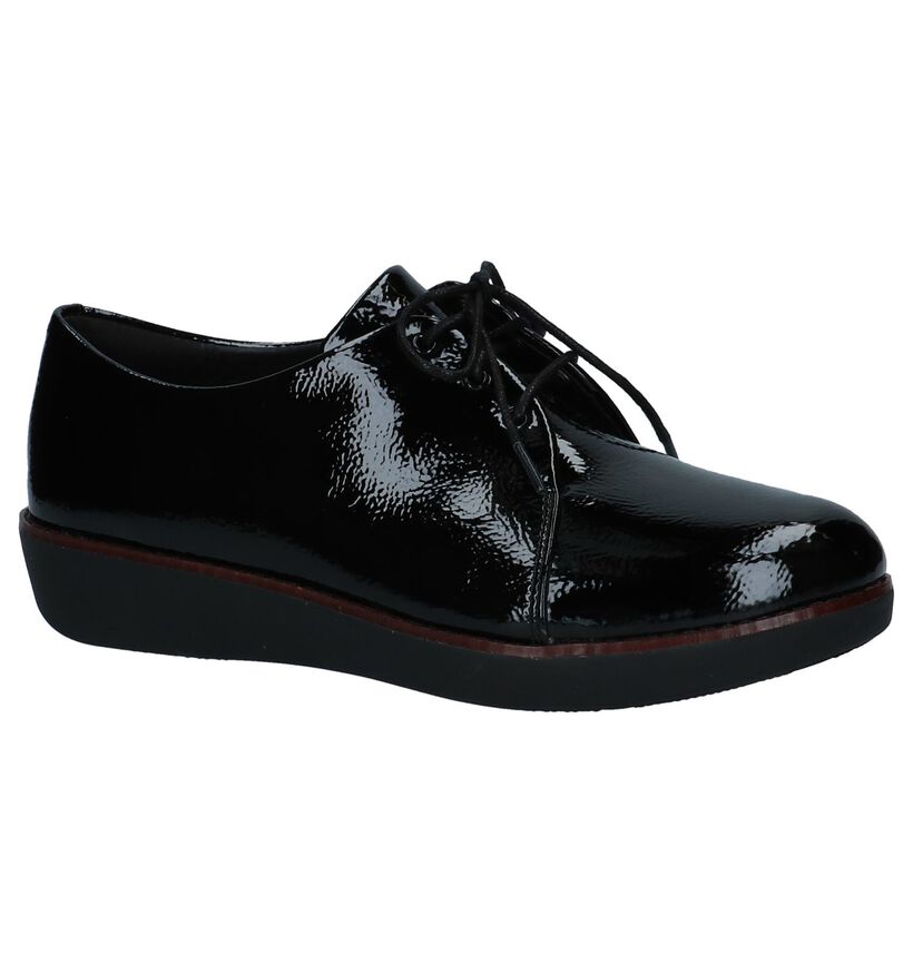 FitFlop Derby Crinkle Patent Lace Up Zwarte Veterschoenen in lakleer (225576)
