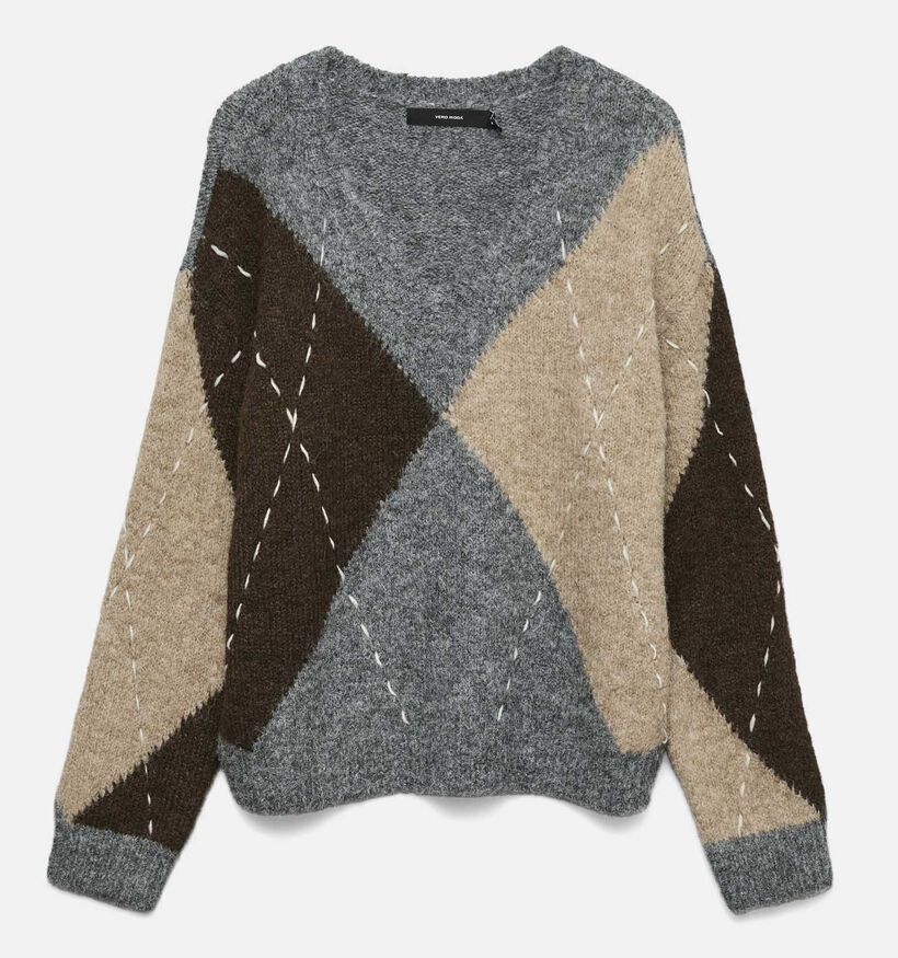 Vero Moda Bliss Handstitch Pull en Gris/Marron pour femmes (366114)