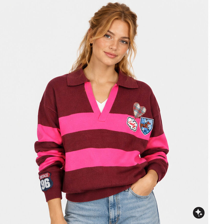 Ador&eacute; Oriane Bordeaux/Roze Trui met Patches voor dames (384098)