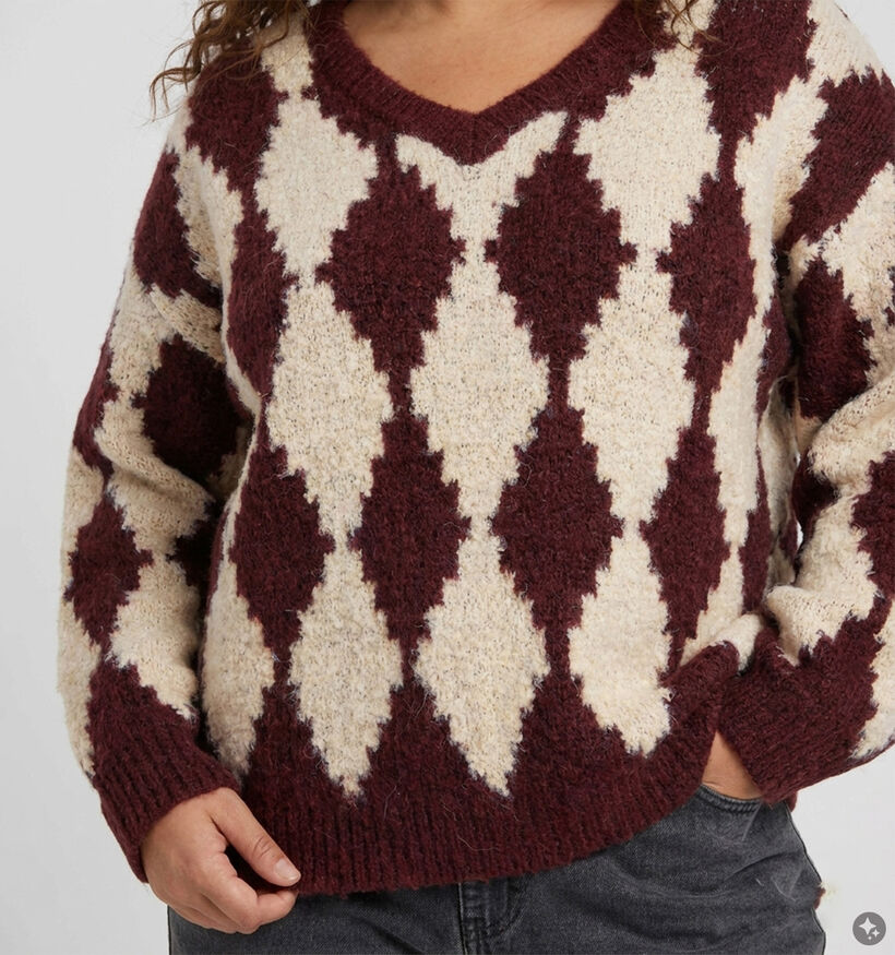Vero Moda Curve Colleen Argyle Lichtbeige/Bordeaux Trui voor dames (378114)