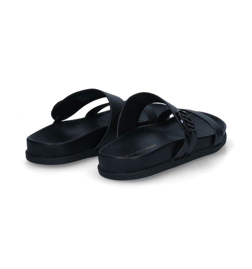 Tommy Hilfiger Round Footbed Zwarte Slippers in leer (303984)