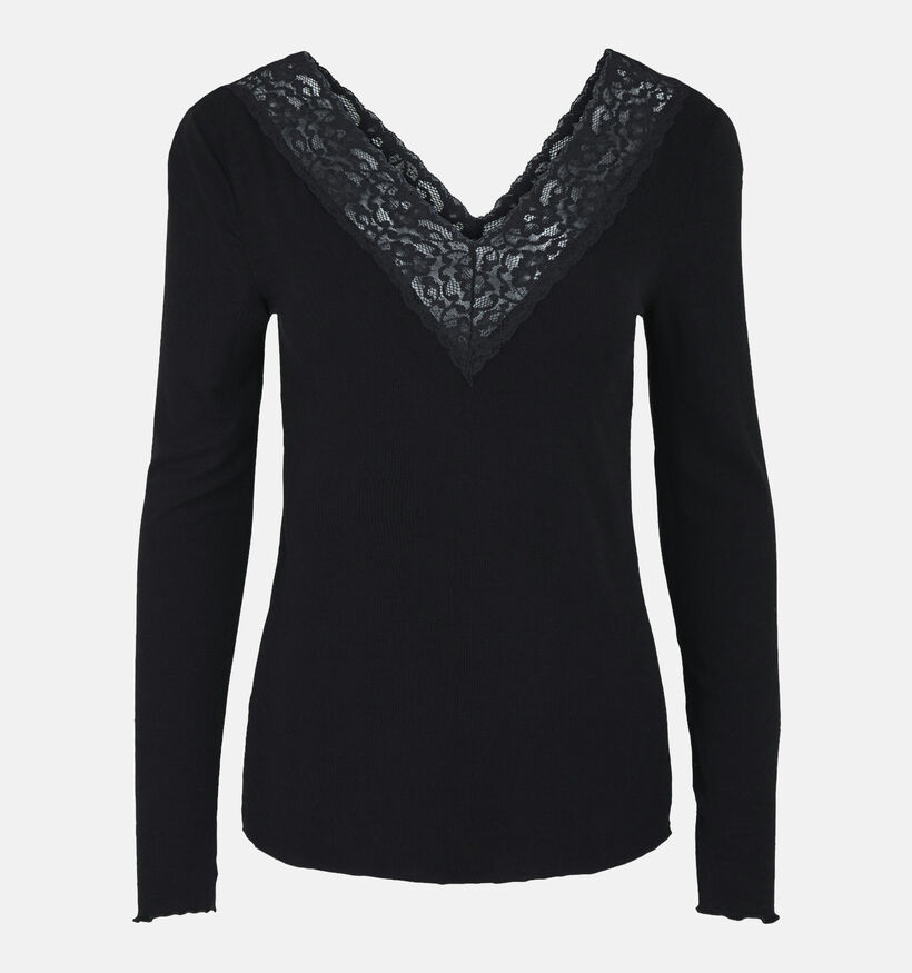 Pieces Siri T-shirt manches longues avec col en V en Noir pour femmes (344995)