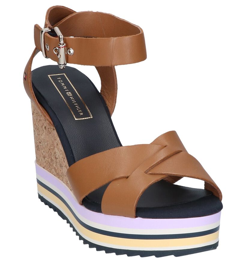 Cognac Sandalen Tommy Hilfiger Colored Stripes Wedge in leer (242132)