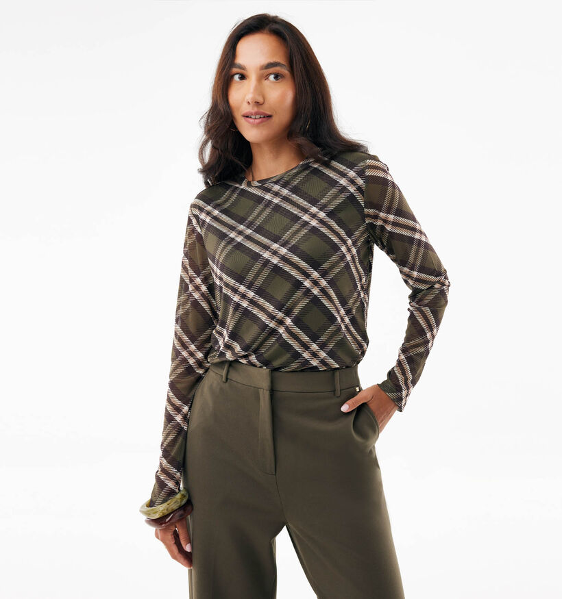 Mexx Check Print Groene Mesh T-shirt met Lange Mouwen voor dames (380218)