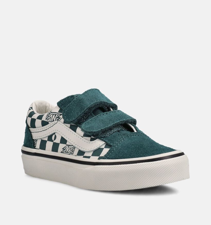 Vans Old Skool Checkerboard Baskets en Vert pour filles, gar&ccedil;ons (368988)