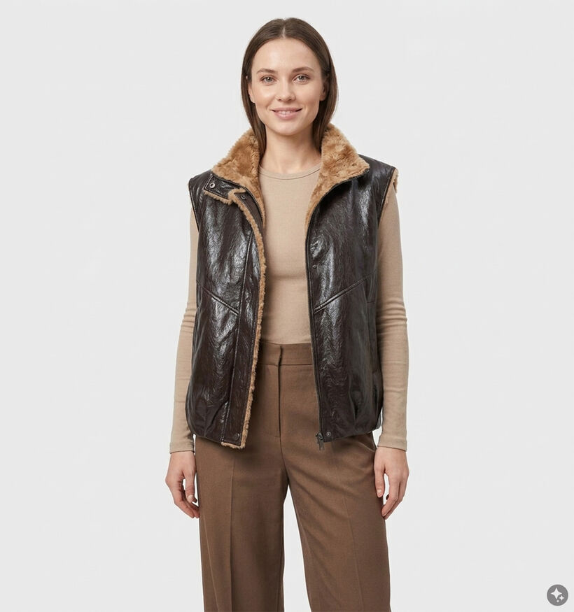 Ador&eacute; Gloria Bruine Mouwloze Jas Lederlook met Warme Voering voor dames (384089)