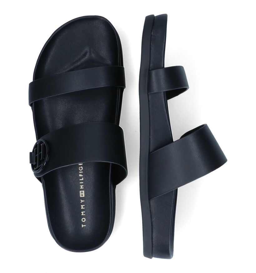 Tommy Hilfiger Round Footbed Zwarte Slippers in leer (303984)