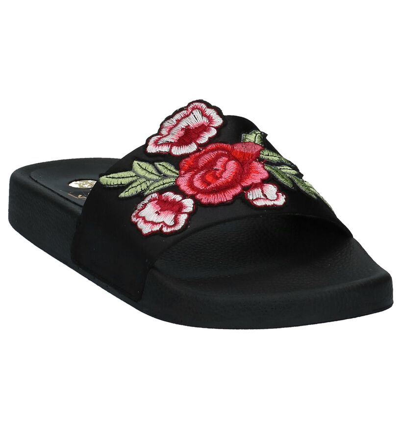 Zwarte Elegante Slippers met Bloemenprint La Strada in stof (218694)