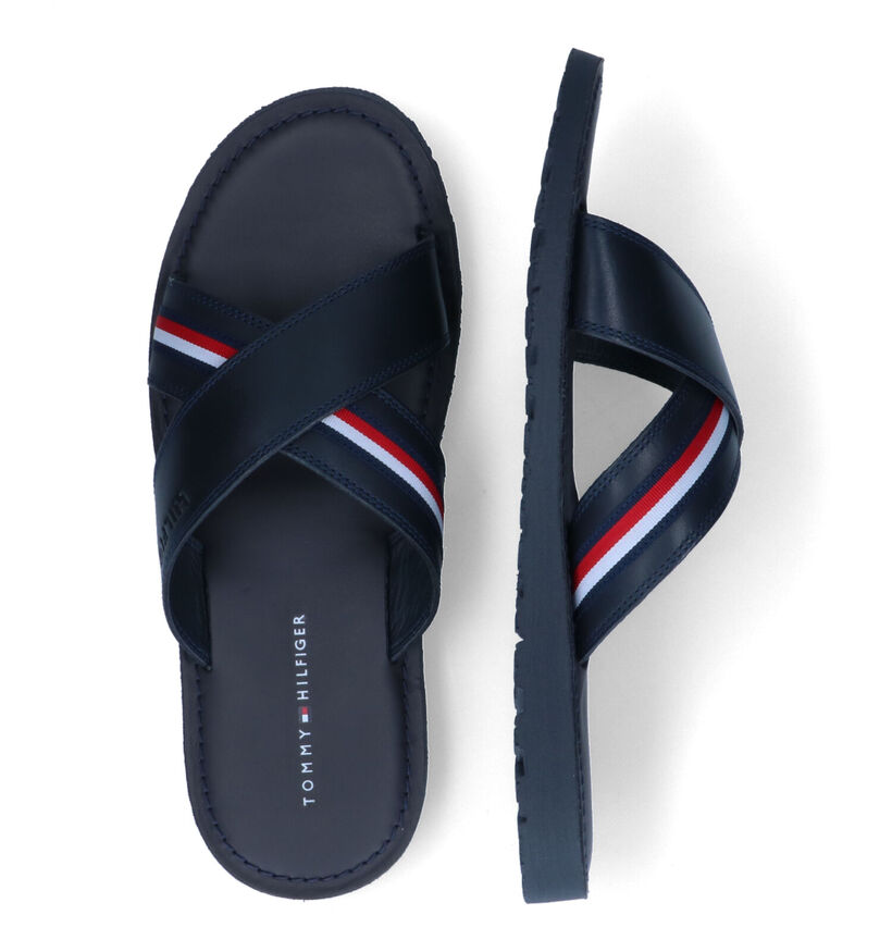 Tommy Hilfiger Criss Cross Blauwe Slippers in leer (304050)