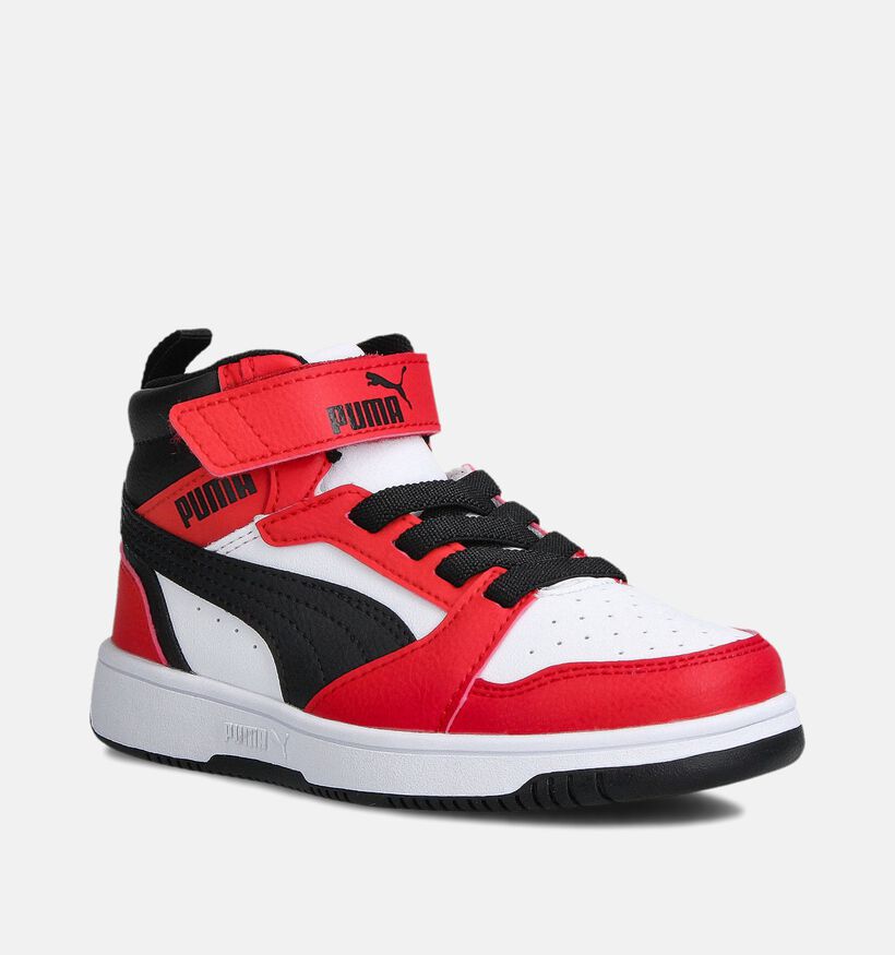 Puma Rebound V6 Mid Witte/Rode Sneakers voor jongens, meisjes (359214) - geschikt voor steunzolen