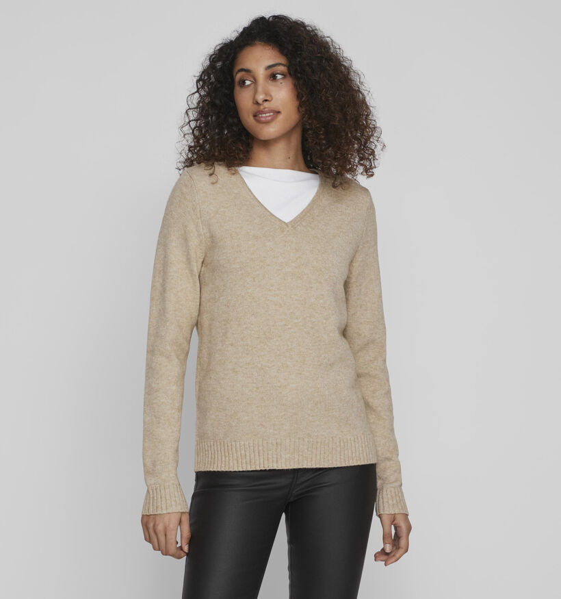 Vila Ril Pull avec col en V en Beige pour femmes (345345)