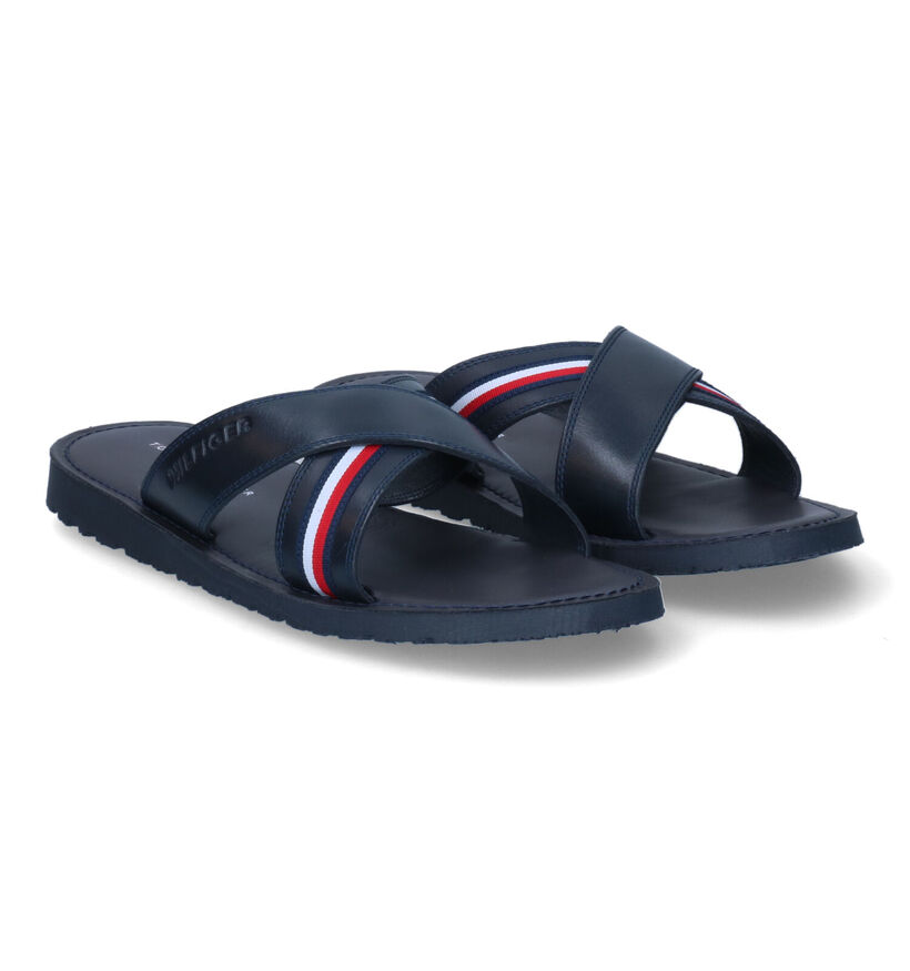 Tommy Hilfiger Criss Cross Blauwe Slippers in leer (304050)