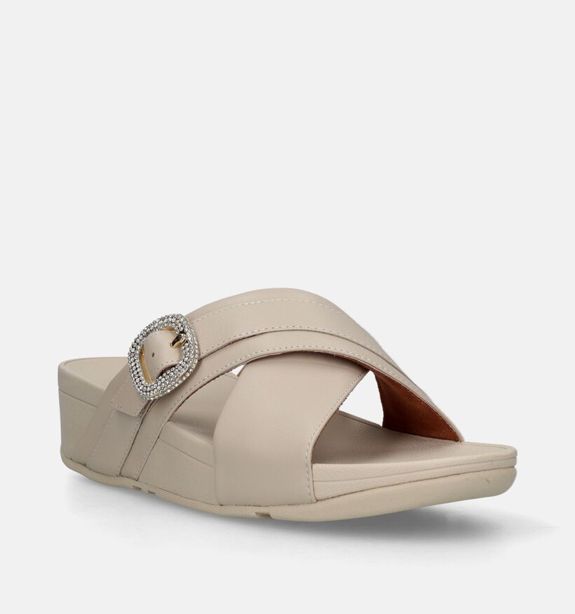 FitFlop Lulu Crystal Buckle Cross Slides Nu-pieds en Beige pour femmes (336985)