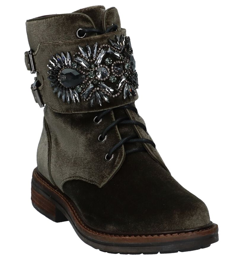 Alma en Pena Kaki Boots met Rits/Veter in velours (229926)