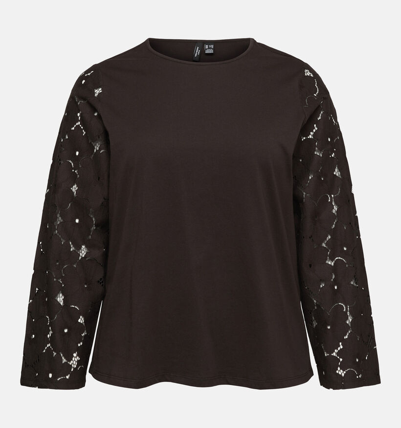 Vero Moda Curve Villa Donkerbruine T-shirt met Lange Mouwen met Kant voor dames (381439)