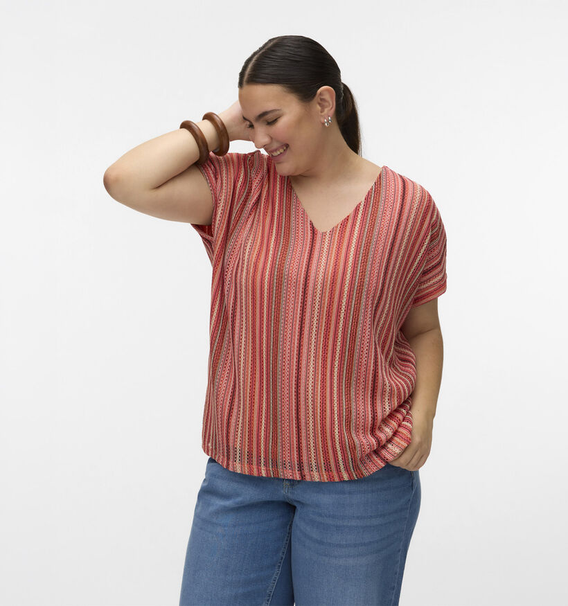 Vero Moda Curve Demi V-Neck Roze/Rode T-shirt voor dames (375035)