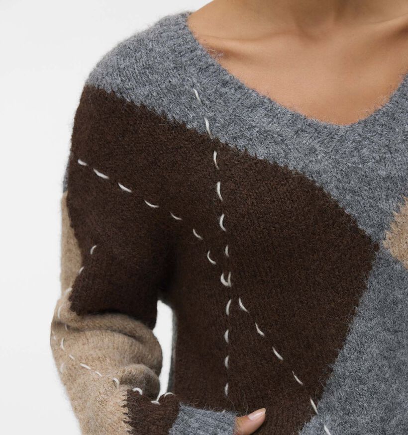 Vero Moda Bliss Handstitch Pull en Gris/Marron pour femmes (366114)