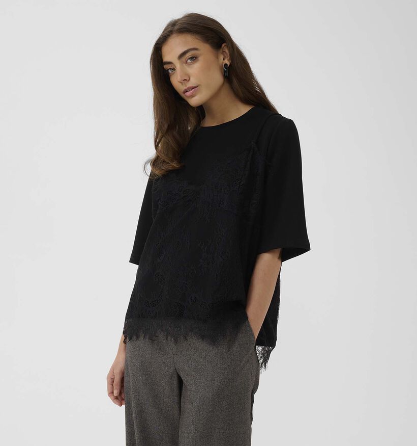 Culture Karla Zwarte T-shirt met Kanten Top Overlay voor dames (381841)