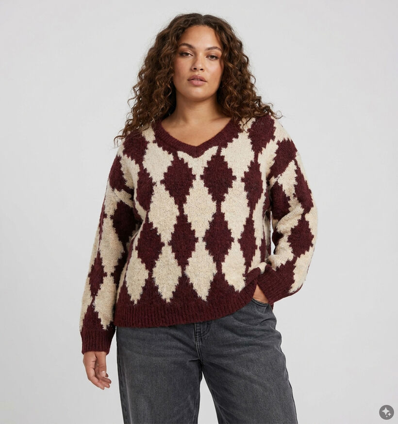 Vero Moda Curve Colleen Argyle Lichtbeige/Bordeaux Trui voor dames (378114)