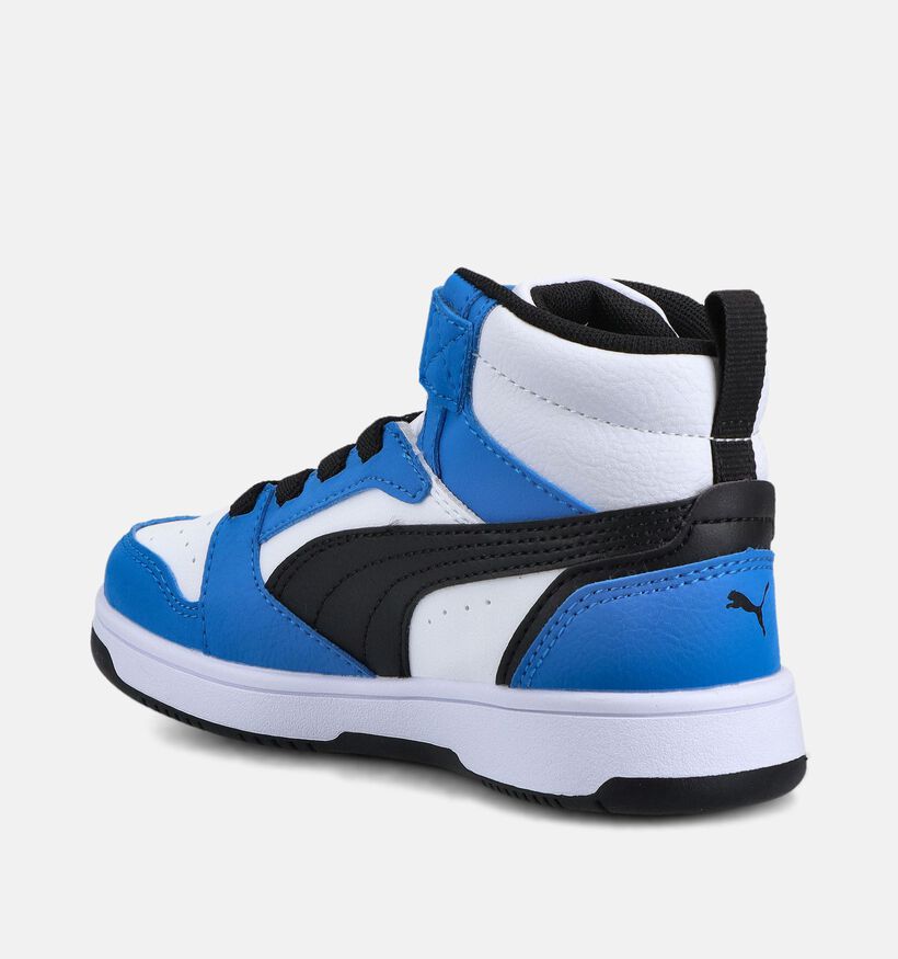 Puma Rebound v6 mid Baskets montantes en Blanc/Bleu pour filles, gar&ccedil;ons (366643) - pour semelles orthop&eacute;diques
