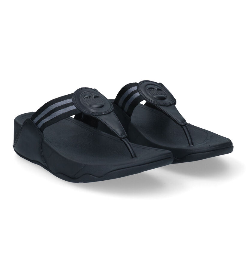 FitFlop Walkstar Wide Fit Webbing Zwarte Teenslippers in leer (304831)