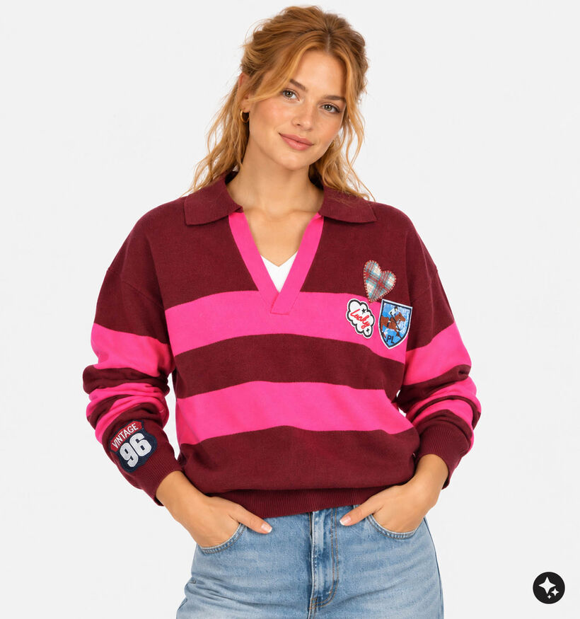 Ador&eacute; Oriane Bordeaux/Roze Trui met Patches voor dames (384098)