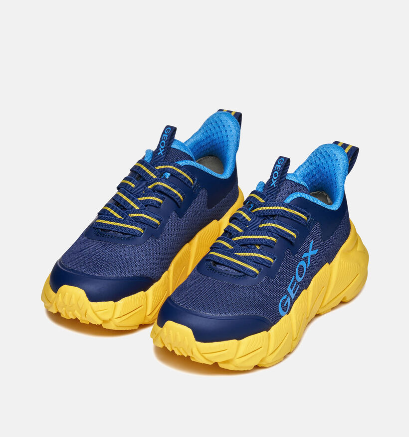 Geox Flexyper Baskets en Bleu fonc&eacute;/Jaune pour gar&ccedil;ons (370142) - pour semelles orthop&eacute;diques