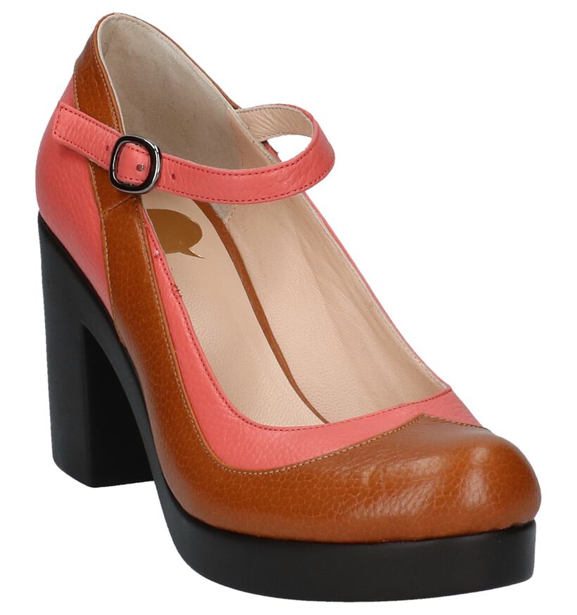 Cognac/Roze Pumps met Bandje Who's That Girl Friz, , pdp