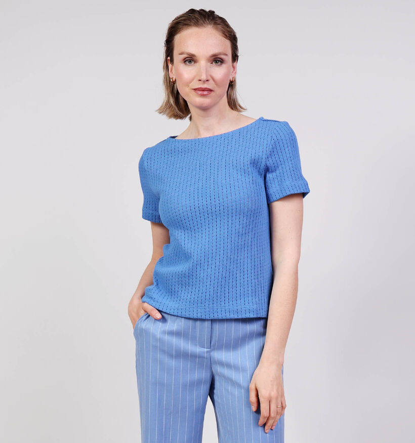 Mexx Perforated Rib Blauwe T-shirt voor dames (368571)