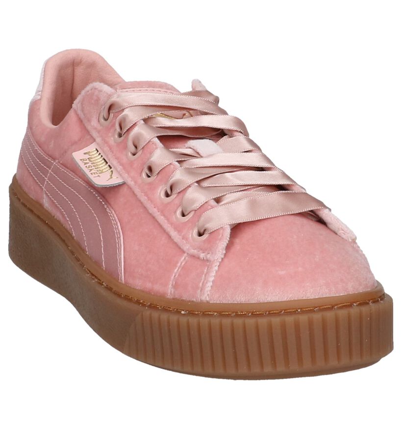 Puma Basket Platform Roze Fluwelen Sneakers, , pdp